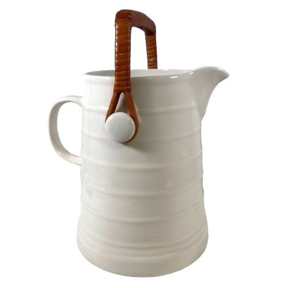 Vintage White Ceramic Pitcher Ribbed Pattern Wicker Handle Country Farmhouse